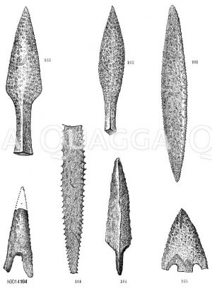 161-164) Lanzenspitzen aus Feuerstein, 165-167) Pfeilspitzen aus Feuerstein. Alle in Dänemark gefunden [Digital]