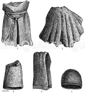 Wollene Kleidungsstücke aus der Bronzezeit, gefunden in einem dänischen Grab. 1) Wollener Rock, 2) Wollener Mantel, 3) Wollener Plaid, 4, 5) Wollene Mützen [Digital]