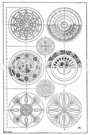 Kreis: 1. Assyrische Tonfliese aus Nimrud. (Owen Jones). 2. Assyrische Schildverzierung aus Khorsabad. (Owen Jones). 3. Altfränkisches Motiv einer Kreisfüllung vom Sakramentarium in Rheims. 4.-5. Bemalungen griechischer Tongefaße von der Form Kylix. (Lau). 6. Kreisfüllung von einem keltischen Steinkreuz.Friedhof von St. Vigeans, Angusshire. (Owen Jones). 7.-8. Bemalungen griechischer Tongefäße von der Form Kylix. (Lau) [Digital]