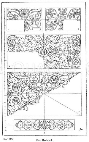Rechteck: 1.-2. Griechische Decken-Kassetten-Bemalungen aus den Propyläen in Athen. (Owen Jones). 3. Römisches Füllungsornament. 4. Römisches Füllungsornament von der Architrav-Unterseite am Tempel des Vespasian zu Rom. 5. Flachornament an der Stadtkirche zu Kamenz. Deutsche Renaissance. (Gewerbehalle) [Digital]