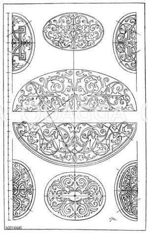 Elipse und Korbbogen: 1.-2. Renaissance-Ornamente. Deutsche Arbeit.(Formenschatz). 3. Mitte eines Buchdeckels. Goldpressung auf Pergament Deutsche Renaissance. 16. Jahrhundert. (Storck). 4.-7. Buchdeckelpressungen aus dem Germanischen Museum in Nürnberg. Deutsche Renaissance. (Musterornamente). 8. Fußbodenplatten-Verzierung vom Grabmal der Fürstin Johanna Elisabeth in der Stiftskirche zu Stuttgart Deutsche Renaissance. [Digital]