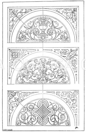 Halbkreis und Zwickel: 1. Intarsiafüllung vom Chorgestühl in Sta. Maria in Organo in Verona. Ital. Renaissance. 2. Schmiedeiserne Füllung. Nachbildung eines Renaissancegitters von Dir. Storck. 3. Schmiedeiserne Füllung. Deutsche Renaissance. 4. Flachrelief, Oberansicht einer Säulenplinthe aus dem Santo in Padua. (Meurer). 5. Modemer Dreieckszwickel vom Vaudevilletheater in Paris. (Raguenet). 6.-9. Dreieckszwickel nach Vredeman de Vries. [Digital]