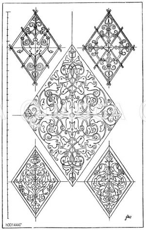 Raute: 1. Intarsiafüllung vom Chorgestühl in Sta. Maria in Organo in Verona. Ital. Renaissance. 2. Schmiedeiserne Füllung. Nachbildung eines Renaissancegitters von Dir. Storck. 3. Schmiedeiserne Füllung. Deutsche Renaissance. 4. Flachrelief, Oberansicht einer Säulenplinthe aus dem Santo in Padua. (Meurer). 5. Modemer Dreieckszwickel vom Vaudevilletheater in Paris. (Raguenet). 6.-9. Dreieckszwickel nach Vredeman de Vries. [Digital]