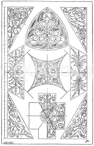 Begrenztes Flachornament: 1. Dreipass-Maßwerk in gotischem Stile. (Jacobsthal). 2. Wandmalerei aus einer schwedischen Kirche. Romanischer Stil. (Racinet). 3. Füllungsornament vom Louvre in Paris. 4.-5. Marmoreinlagen an der Unterseite der Kanzel im Dom zu Savona. Ital. Renaissance. (Meurer). 6.-9. DreiecksfüIIungen vom Stuhlwerk der Laurensiana in Florenz. Michelangelo zugeschrieben. [Digital]