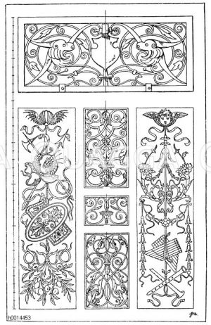 Rechteck: 1. Oberlichtgitter aus Schlettstadt i. E. aus dem Jahr 1649. (Gewerbehalle). 2.-3. Intarsiafüllungen aus S. Petronio in Bologna. 1495. (Musterornamente). 4. Schmiedeiserne Füllung von einem Treppengeländer. 18. Jahrhundert. 5. Schmiedeiserne Füllung. Französische Renaissance. 18. Jahrhundert. 6. Schmiedeiserne Füllung aus dem Stift Strahov in Prag. Deutsche Renaissance. [Digital]