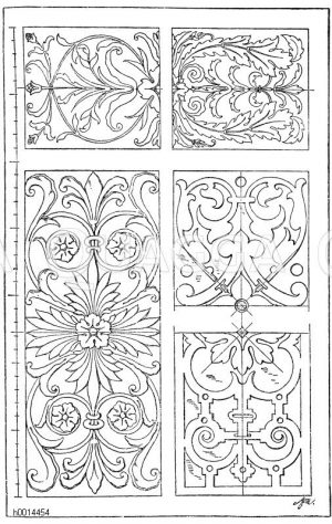 Rechteck: 1. Intarsiafüllung von einem Schranke in Perugia. Ital. Rennaissaace. (Jacobsthal). 2. Füllungsmotiv aus dem Palazzo vecchio in Mantua. Ital. Renaissance. (Jacobsthal). 3. Marmorfüllung vom Grabmal Marzuppini in Sta. Croce in Florenz. (Jacobsthal). 4. Füllung von einem Grabmal in der Stiftskirche in Stuttgart.Deutsche Renaissance. (Musterornamente). 5. Flachrelief aus der Michaelskirche in Schwäbisch-Hall.Deutsche Renaissance. (Musterornamente) [Digital]