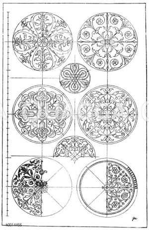 Kreis: 1. Flachrelief vom Grabmal Vendramin in S. S. Giovanni e Paolo in Venedig. Ital. Renaissance. (Meurer). 2. u. 4. Majolika-Fußbodenplatten aus Sta. Katerina in Siena. Ital. Renaissance. 3. Schmiedeiserne Füllung aus San Salvator in Prag. Deutsche Renaissance. (Gewerbehalle). 5. Flachornament aus der Stadtkirche zu Kamenz. Deutsche Renaissance. (Gewerbehalle). 6. Kreisfüllung nach Peter Flötner. Deutsche Renaissance. 7. Verzierung der Mitte einer silbernen Schale.Von Ihne und Stegmüller in Berlin. (Gewerbehalle). 8. Französische Kreisfüllung von der Decke des Treppenhauses in der Villa Croissy, Seine et Oise. (Cäsar Daly). 19. Jahrhundert. [Digital]