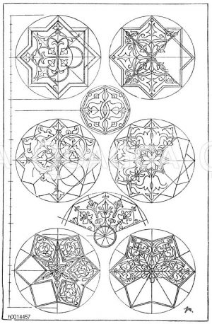 Regelmäßige Vielecke: 1. Partie aus einer Wandbemalung aus S. Francesco zu Assisi. (Hessemer). 2. Partie von der Verzierung eines arabischen Korans aus dem 17. Jahrhundert. (Prisse d'Avennes). 3. Arabisches Architekturdetail. (Prisse d'Avennes). 4.-5. Details von arabischen Deckenbemalungen. (Prisse d'Avennes). 6. Geätztes Ornament von einem Harnisch im National-Museumn in München. 16. Jahrhundert (Gewerbehalle). 7.-8. Details von arabischen Deckenbemalungen aus dem 18. Jahrhundert (Prisse d'Avennes) [Digital]