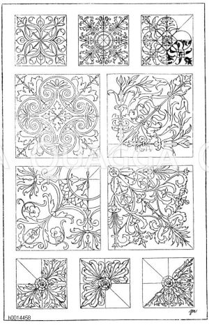 Quadrat: 1. Motiv von einem Gewand aus der Sakristei in Sta. Croce in Florenz. Ital. Renaissance. 2. Emaillierte Tonfliese. Sammlung des Grafen d'Yvon. Renaissance. (Racinet). 3. Motiv nach Peter Flötner. Deutsche Renaissance. 4. Fußbodenmosaik aus dem Dom zu Spoleto. (Nach Jacobsthal, Mitte geändert). 5. Intarsiafüllung vom Gestühl der Kirche der Certosa bei Pavia. Ital. Renaissance. 6. Majolikafliese aus Sta. Caterina in Siena.Italienische Renaissance. 7. Intarsiafüllung von der Tür des Cambio zu Perugia von Antonio Mercatello. 1500. Ital. Ren. 8.-10. Füllungen von der Türe der Kirche Madonna die Galliera in Bologna. Ital. Renaissance. (Musterornamente) [Digital]