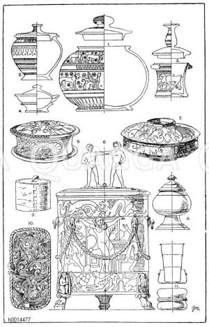 1. Antike Büchse aus gelbem Ton, braun und rot bemalt. Dies ist die sog. Dodwellvase, berühmt als erst gefundenes der dem asiatisierenden Stil angehörigen Gefäße. Ausgegraben bei Korinth. 2. Antike Büchse aus gelbem Ton, rot und braun bemalt. Vereinigte Sammlungen in Karlsruhe. 3. Antike Büchse mit einer kleinen Kylix als Deckel. Gelber Ton, braun und rot bemalt, asiatiserend. Vasensammlung in München. (Lau). 4. Kleine antike Büchse aus schwarzem Ton. 5. Antike Büchse aus bemaltem Ton. Der späteren Zeit des rotfigurigen Stils angehörig. Ring aus Metall. Museum in Berlin. 6. Antike Cista aus Bronze. Louvre in Paris. (L'art pour tous). 7. Japanische Büchse. Lackarbeit, gold und schwarz, Deckel eine Schale bildend. Landesgewerbehalle Karlsruhe. 19. Jahrhundert. 8. Altpersische Büchse, aus Kupfer getrieben. Die Ornamente sind, weil zu klein, weggelassen. Kunsthandwerk. 9. Schnupftabaksdose aus Birkenrinde, sog. „Zieh am Riemen". 19. Jahrhundert. 10. Tabaksdose. Norwegisch, in Holz geschnitten. 19. Jahrhundert. Landesgewerbehalle Karlsruhe. 11. Metallbüchse mit Kulissenbecher. Reisegerät. 19. Jahrhundert. [Digital]