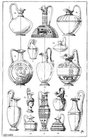 1. Griechischer Prochus von archaischer Form und Verzierungsweise bemalter Ton. 2. Griechischer Prochus, dem geometrischen Stil angehörend, schwarz bemalter, roter Ton. 3. Griechisches (zyprisches) Gußgefäß geometrischen Stils, gelber Ton, braun bemalt. Vasensammlung in München. (Lau). 4. Griechische Önochoe, asiatisierend, gelber bemalter Ton. (Semper). 5. Kleines antikes Gußgefäß, gelber Ton, schwarz bemalt. Vereinigte Sammlungen in Karlsruhe. 6. Kleines antikes Gußgefäß, schwarz bemalter Ton. Ornamente eingegraben. Vereinigte Sammlungen in Karlsruhe. 7.-9. Griechische Gußgefäße aus bemaltem Ton. 10. Griechisches Gußgefäß aus Bronze, von hervorragender Bedeutung. Im Besitze des Herrn von Pulszky in Pest. 11. Gräko-italisches Gußgefäß aus Bronze. 12. Prochus in Form eines weiblichen Kopfes. Römisches Museum. 13.-14. Antike Olpen aus bemaltem Ton. 15. Antike Olpe aus Bronze. Römisches Museum. [Digital]