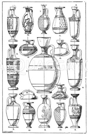 Lekythos: 1.-3. Griechische Lekythen aus rotem Ton, schwarz bemalt. Vereinigte Sammlungen in Karlsruhe. 4.-6. Griechische Lekythen aus rotem Ton, schwarz bemalt. 7. Griechischer Lekythos, schwarz und weiß bemalt, spätere Zeit. 8. Griechischer Lekythos attischen Stils. 9. Griechischer Lekythos attischen Stils. 10.-12. Griechische Salbgefäße aus rotem Ton, schwarz bemalt. Vereinigte Sammlungen in Karlsruhe. [Digital]
