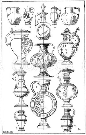1. Färbig-glasierter Faience-Krug. Italienische Renaissance. 16. Jahrhundert Die blauen Lilien auf Goldgrund bilden das Wappen Julius' III. (Alexander Farnese) Museum Cluny, Paris. (L'art pour tous). 2. Entwurf zu einem Krug von Hans Holbein. Deutsche Renaissance.16. Jahrhundert (Hirth, Formenschatz). 3. Altdeutscher Krug aus Steinzeug, mit scheibenförmigem Bauch. 4. Zinnkrug, deutsche Renaissance. (Hirth, Formenschatz). 5.-6. Altdeutsche Steinkrüge. Ornamentik weggelassen. 7. Steinzeugkrug mit Zinndeckel. Entworfen von Dir. Kachel für den Fürsten von Neuwied. 19. Jahrhundert. 8. Majolikakrug. Entworfen an der Kunstgewerbeschule in Karlsruhe. 19. Jahrhundert. 9.-10. Kleine Krüge aus Steinzeug. 19. Jahrhundert. 11.-12. Krüge aus grünem und blauem Glas. 19. Jahrhundert. [Digital]