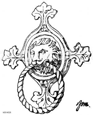 Bronze-Türklopfer aus der Übergangszeit vom romanischen zum gotischen Stil. 13. Jahrhundert. Ostportal an der Kathedrale zu Noyon. 22 cm hoch. [Digital]