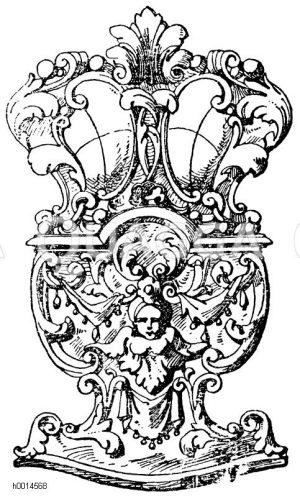 Kopf einer reich geschnitzten Wiege. Französische Renaissance 17. Jahrhundert. Ornamente auf rotem Grund vergoldet. (L'art pour tous) [Digital]
