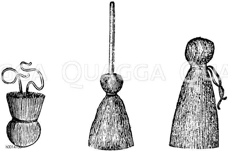 Charrpietampon (links), Charpiepinsel (mitte), Charpiemeißel oder Bourdonnet (rechts) [Digital]