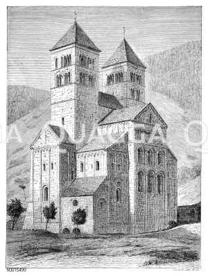 Klosterkirche zu Murbach, Kloster Murbach, Benediktinerabtei im südlichen Elsass in einem Tal am Fuß des Großen Belchen (frz. Grand Ballon) in den Vogesen, Frankreich [Digital]