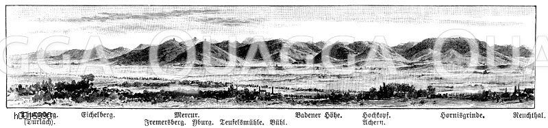 Berge in Baden: Thurmberg (Durlach), Eichelberg, Mercur, Fremersberg, Yburg, Teufelsmühle, Bühl, Badener Höhe, Hochkopf, Achern, Hornisgrinde, Renchthal [Digital]