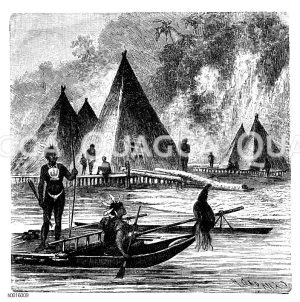 Pfahlbauten in Neu-Guinea, im Vordergrund ein Boot mit Ausleger [Digital]