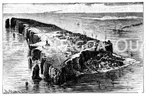 Helgoland aus der Vogelperspektive. Rechts vorn Unterland mit Treppe und Aufzug zum Oberland. Rechts vor der Insel die Düne [Digital]