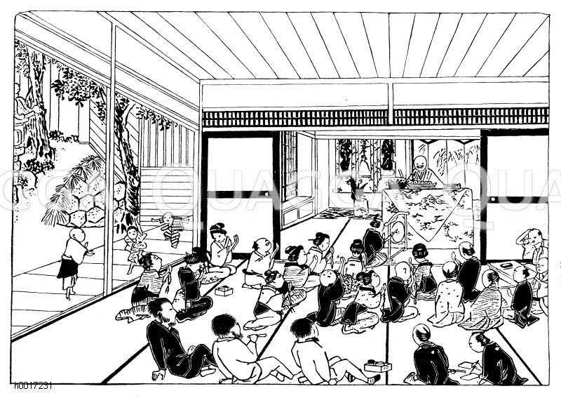 Inneres eines japanischen Tempels (einem japanischen Holzschnitt nachgebildet) [Digital]