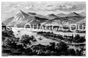 Ansicht des Rheins mit dem Siebengebirge im Hintergrund [Digital]