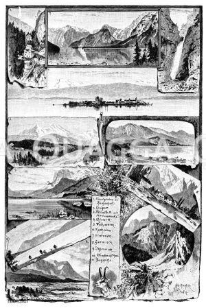 Bayern.1) Nesselgraben bei Reichenhall, 2) Königssee, 3) Pöllatal mit Marienbrücke, 4) Chiemsee, 5) Watzmann, 6)Hintersee, 8) Garmisch, 9) Tegernsee, 10) Wimbachthal, 11) Zugspitze. Zeichnung von Albert Richter [Digital]