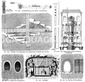 Nr. 1636. Zündpatrone, Nr. 1637. Streckenförderung mit Vorderseil und Hinterseil, Nr. 1638. Stroßenbau und Fürstenbau mit Zimmerung in Schacht und Strecken, Nr. 1639-1640. Pneumatische Fördereinrichtung von Blanchet, 1641-1642. Gemauerter Abzugsstollen, 1643. Handgöpel, Nr. 1644-45. Ausbau mit Eisenschienen [Digital]