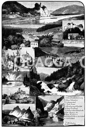 Böhmen. 1) Schreckenstein bei Aussig, 2) Burg Tollenstein, 3) Johannisbad, 4) Gross-Aupa, 5) Hirschsprung bei Karlsbad, 6) Burg Friedland, 7) Moldaufall bei Hohenturth, 8) Schwarzes See, 9) Burg Karlstein, 10) Elbthal bei Herniskretzchen, 11) Dittersbach. [Digital]