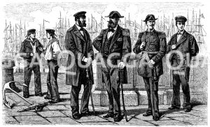 Uniformen der deutschen Marine. Von links: Matrosen, Korvettenkapitän im Überrock, Admiral, Leutnant zur See, Seekadett [Digital]