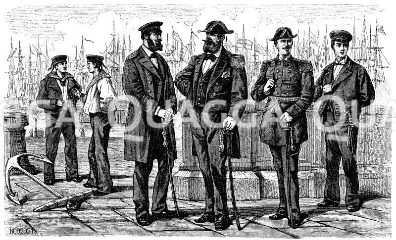 Uniformen der deutschen Marine. Von links: Matrosen, Korvettenkapitän im Überrock, Admiral, Leutnant zur See, Seekadett [Digital]
