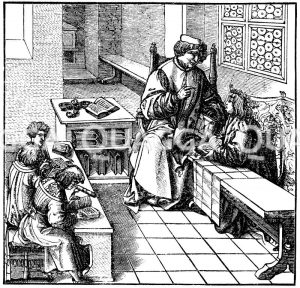 Schulunterricht gegen Ende des 15. u. Anfang des 16. Jahrhunderts. Nach einem Holzschnitt von Hans Burgmeier im „Weiß-Kunig“ [Digital]
