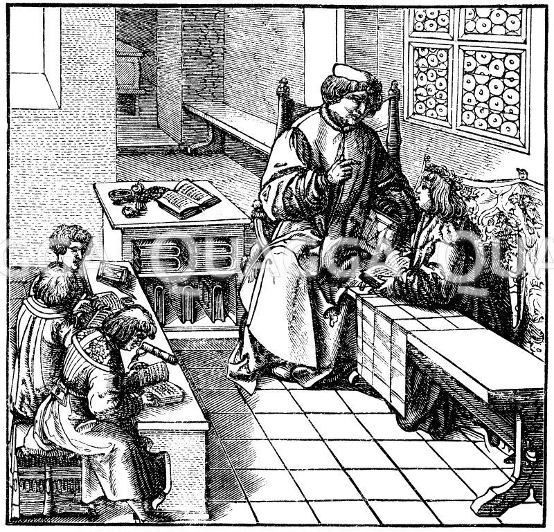 Schulunterricht gegen Ende des 15. u. Anfang des 16. Jahrhunderts. Nach einem Holzschnitt von Hans Burgmeier im „Weiß-Kunig“ [Digital]