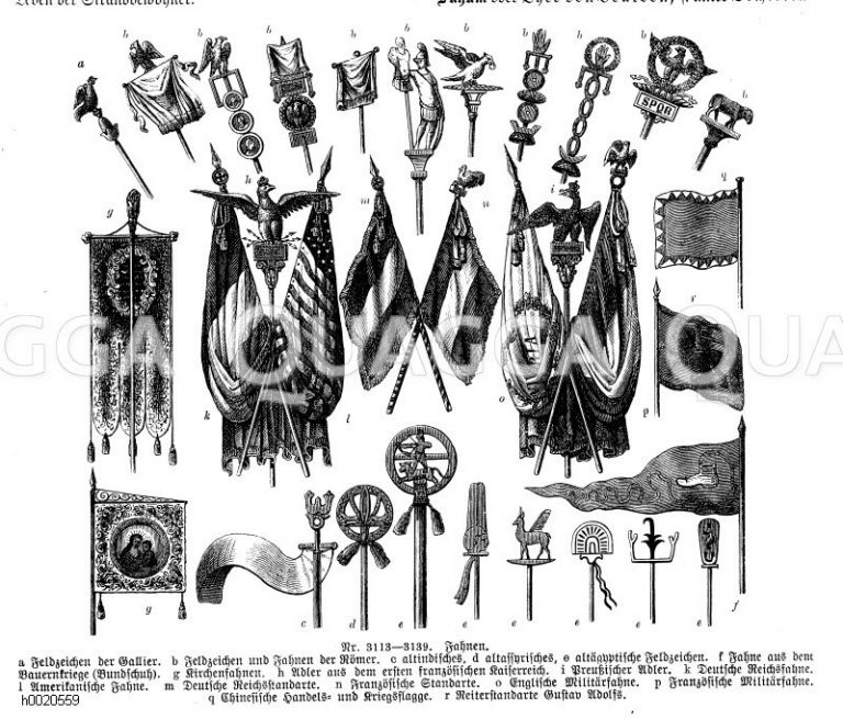 Fahnen: a Feldzeichen der Gallier b. Feldzeichen und Fahnen der Römer c