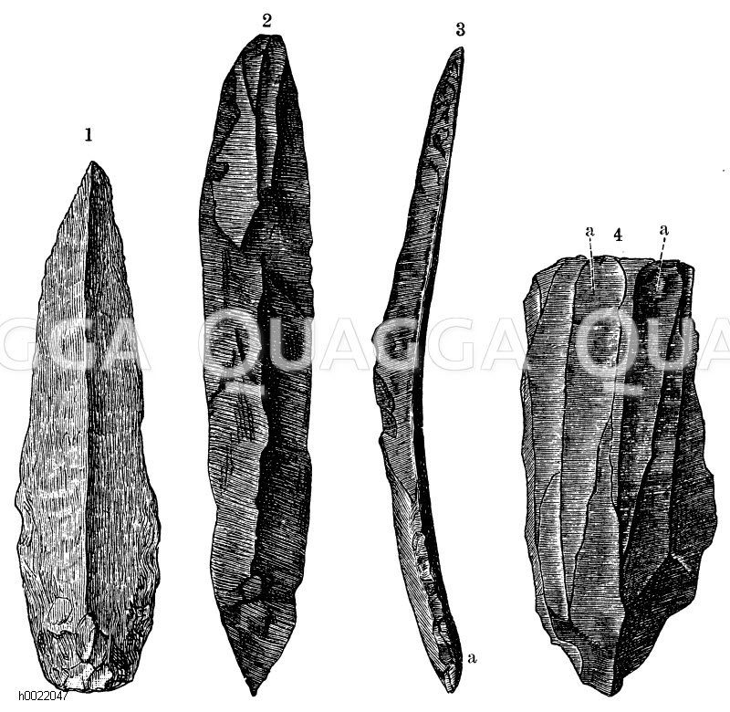 1) und 2) Feuerstein-Messer der nordischen Steinzeit, 3) letzteres von der Kante, 4) Steinkern oder Nucleus: a) Schlagmarke (nach Lubbock) [Digital]