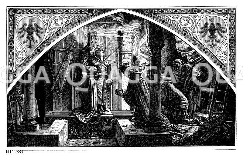 Otto III. am Grab Karls des Großen. Nach dem Gemälde von Albert Rethel [Digital]