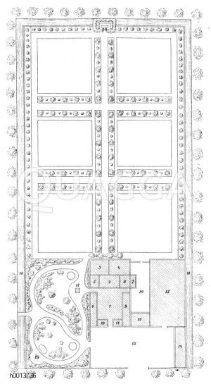 Plan eines Gemüsegartens mit Sechsfelderwirtschaft Zeichnung/Illustration