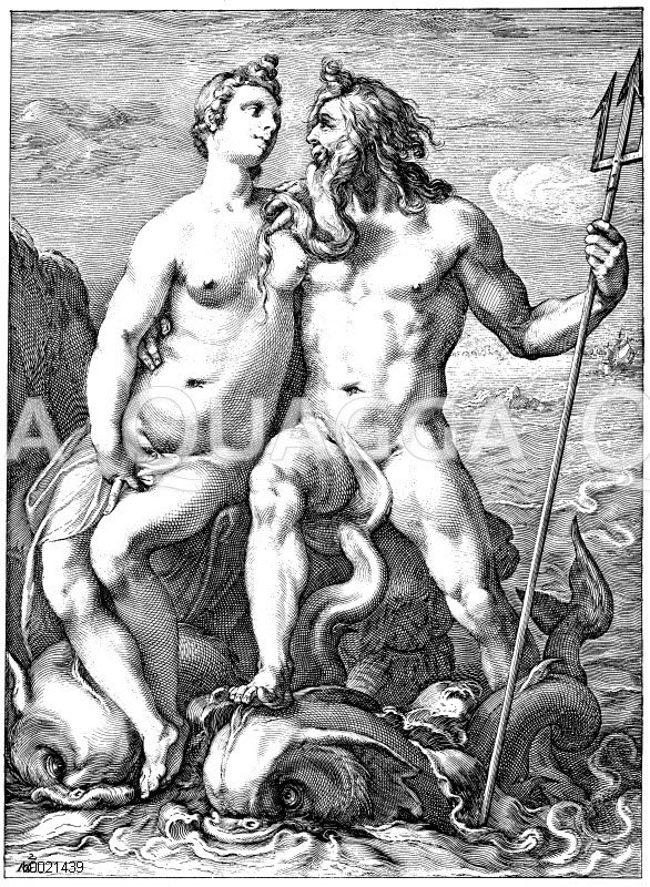 Neptun und Galatea. Holländischer Kupferstich von Hendrik Goltzius um 1600 Zeichnung/Illustration