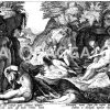 Diana und die schwangere Nymphe Callypso. Holländischer Kupferstich um 1600 Zeichnung/Illustration