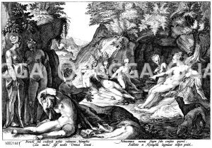 Diana und die schwangere Nymphe Callypso. Holländischer Kupferstich um 1600 Zeichnung/Illustration