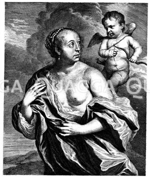 Venus und Cupido. Holländischer Kupferstich von Cornelis von Dalen nach G. Flinck um 1670 Zeichnung/Illustration