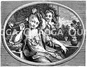 Die Liebe entzündet ihre Phantasie. Anonymer holländischer Kupferstich um 1700 Zeichnung/Illustration