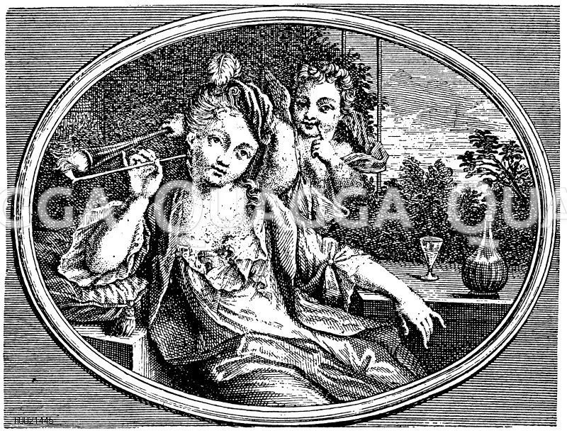 Die Liebe entzündet ihre Phantasie. Anonymer holländischer Kupferstich um 1700 Zeichnung/Illustration