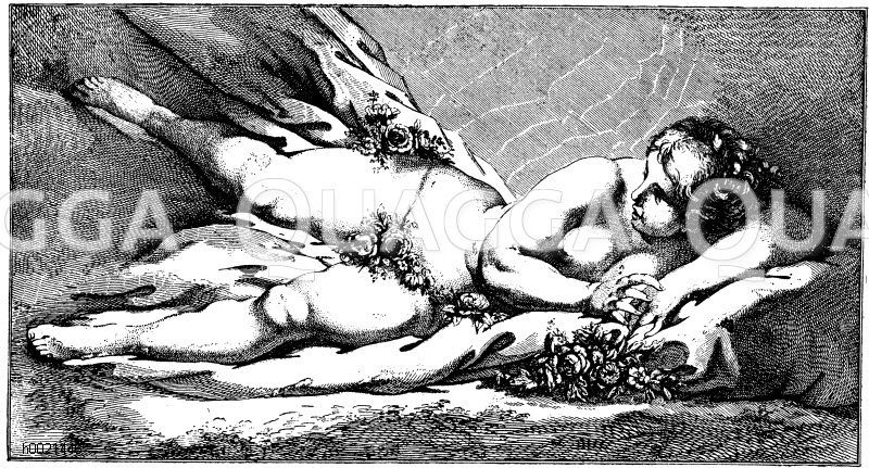 Venus in den Rosen. Französischer Kupferstich nach F. Boucher Zeichnung/Illustration