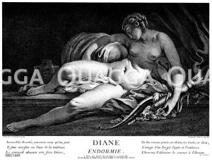 Die schlafende Diana. Französischer Kupferstich nach St. Quentin 1765 Zeichnung/Illustration