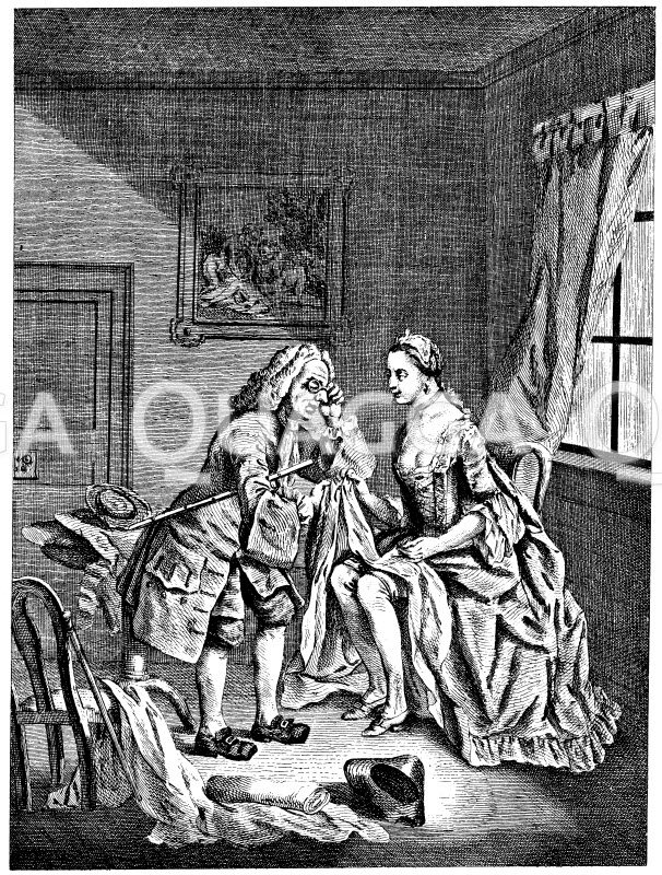 Der einfältige Tuchhändler. Englischer Kupferstich um 1765 Zeichnung/Illustration