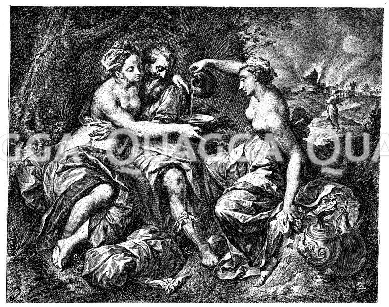 Loth und seine Töchter. Dänischer Kupferstich von J.M. Preisler nach einem Gemälde von Rafael