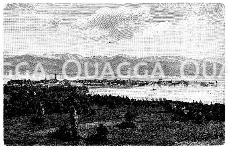 Lindau im Bodensee. Im Hintergrund die Allgäuer und Vorarlberger Alpen Zeichnung/Illustration