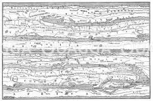 Teil der Peutingerschen Tafel, nach Konrad Peutinger (1465–1547) , der 'Tabula Peutingeriana', einer kartografischer Darstellung des römischen Straßennetzes im spätrömischen Reich, von den Britischen Inseln über den Mittelmeerraum und den Nahen Osten bis nach Indien und Zentralasien [Digital]