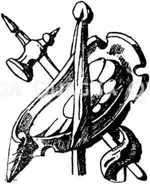 Trophäen: Partie aus einer holzgeschnitzten Füllung vom Chorgestühl in Dordtrecht. Holländische Renaissance. [Digital]